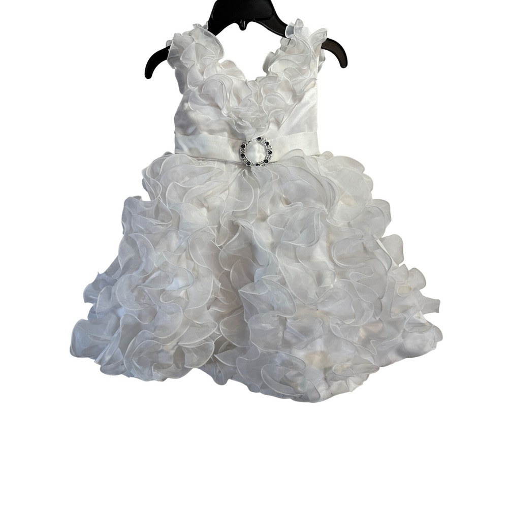 Richie House Girls White Ruffle Flower Girl Dress Rhinestone Buckle Size 4/5